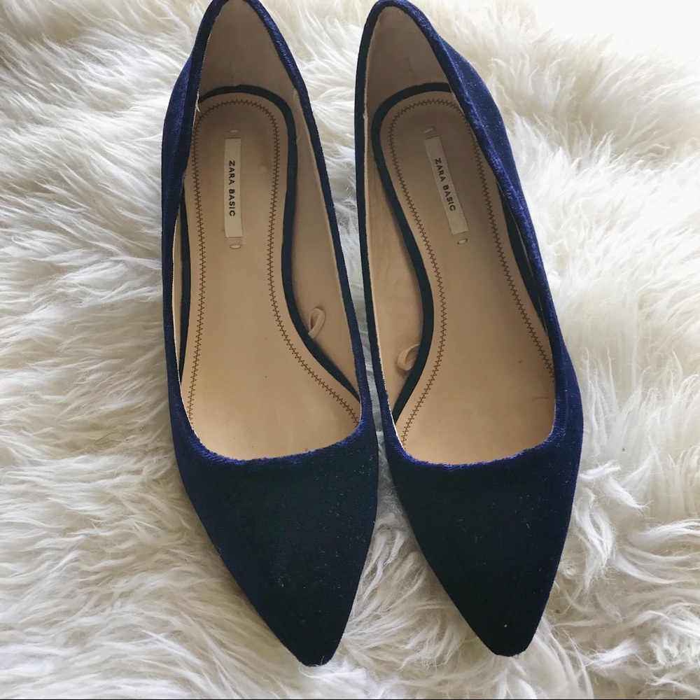 Zara Blue Velvet Low Heeled Shoes